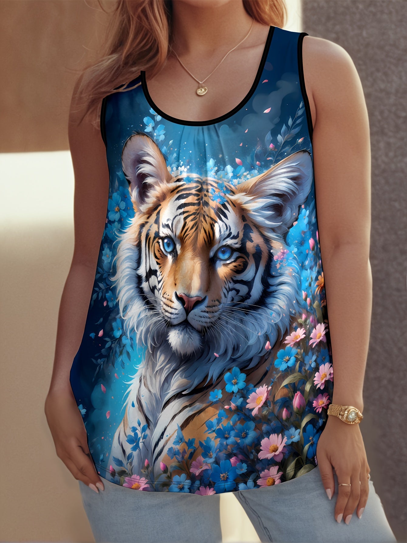 Женская майка большого размера с тигровым принтом, без рукавов, летняя повседневная, с круглым вырезом