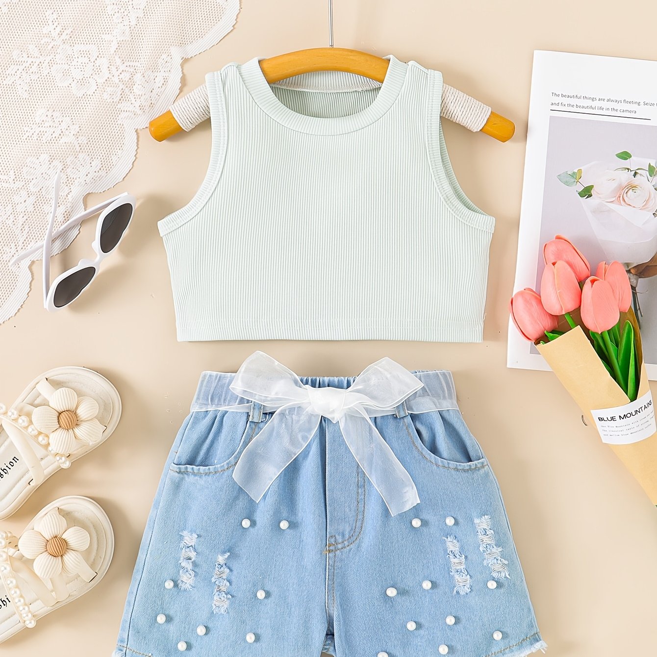 Qizlar uchun tank top va marvarid dizaynli shortlar to'plami, yozgi har kuni kiyish uchun mukammal. Qizlar uchun ajoyib sovg'a g'oyasi.