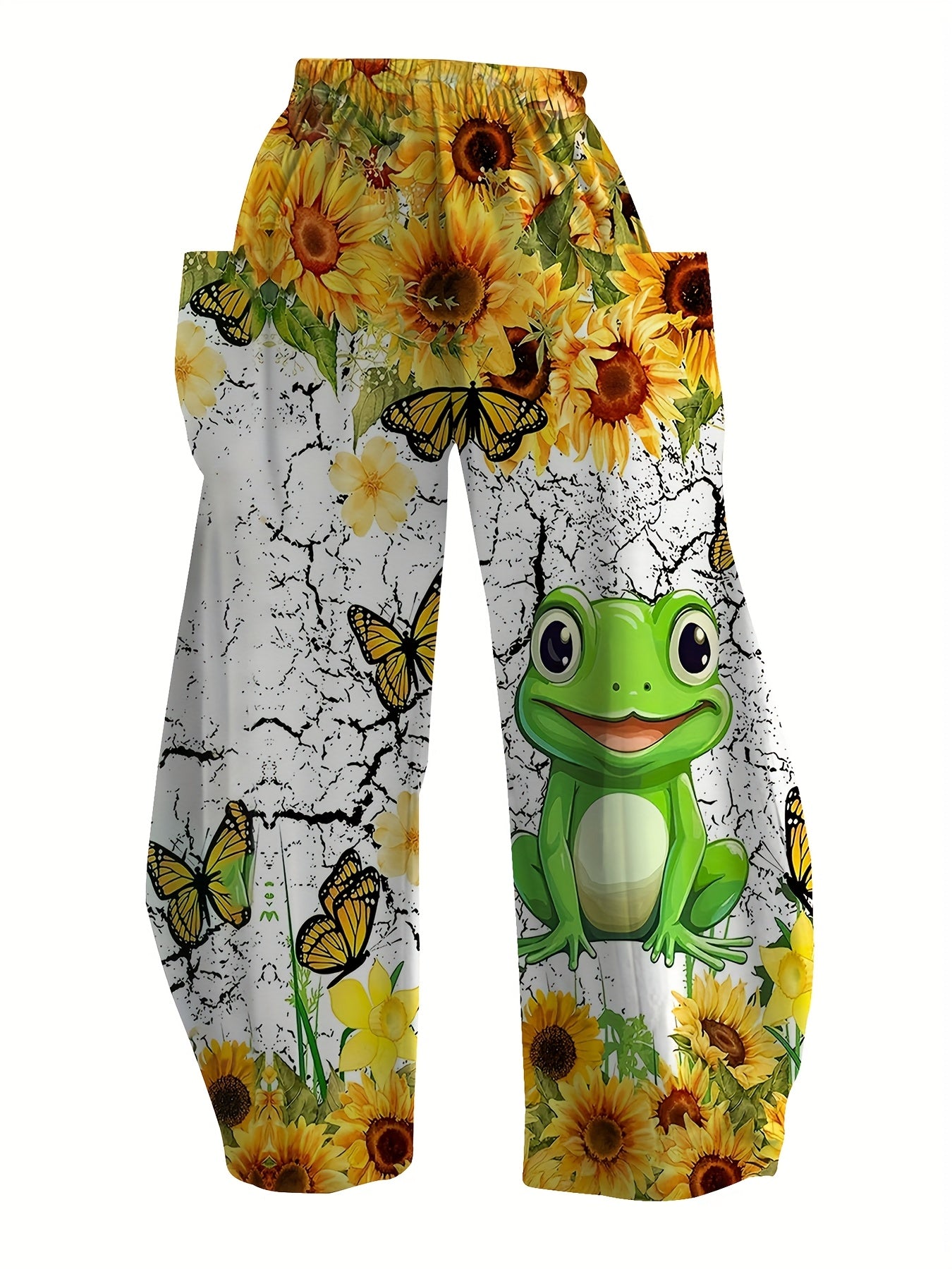 Plus Size Women's Wide-Leg Polyester Pants With Sunflower and Frog Print