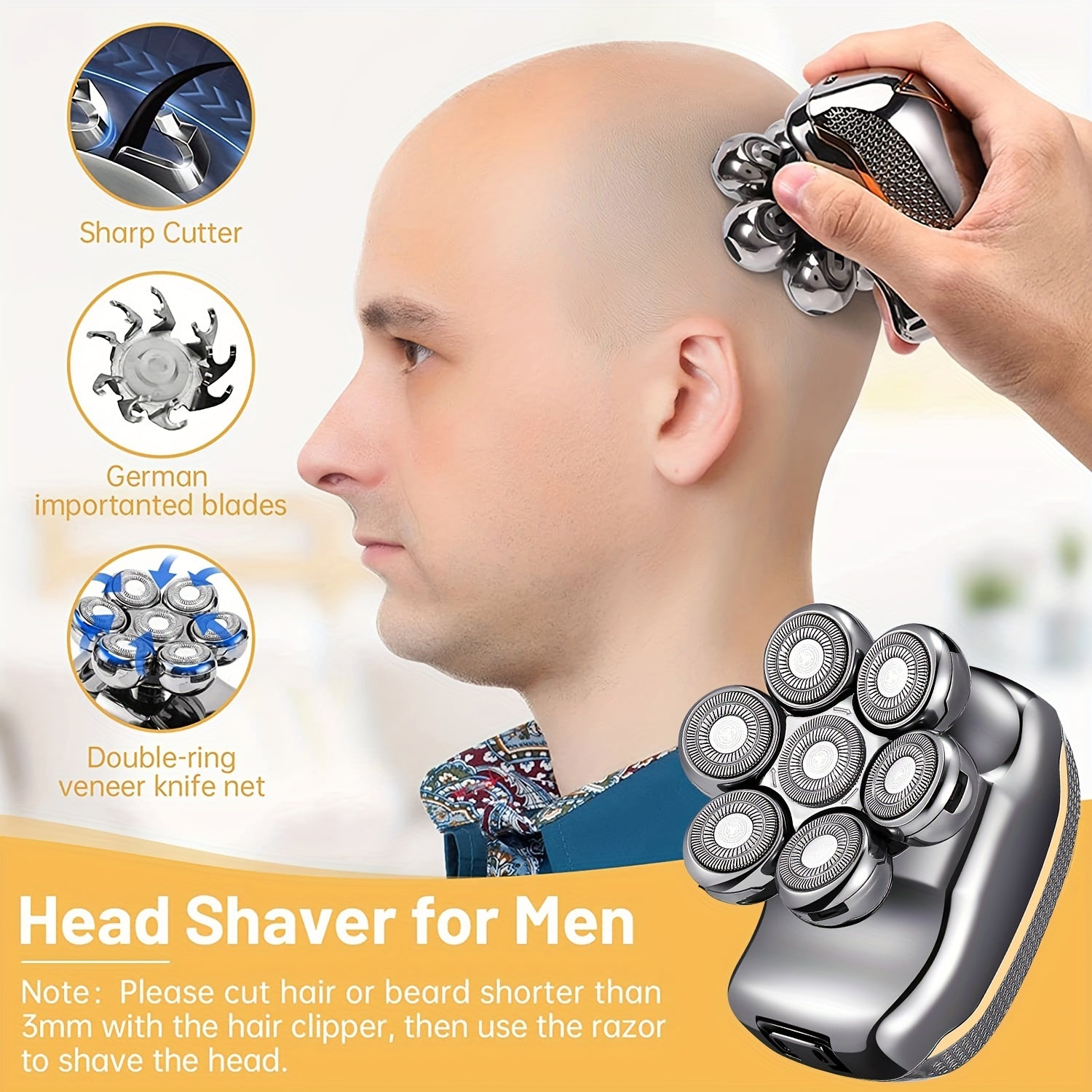 Rechargeable cordless electric head shaver with 7 rotary heads for bald men