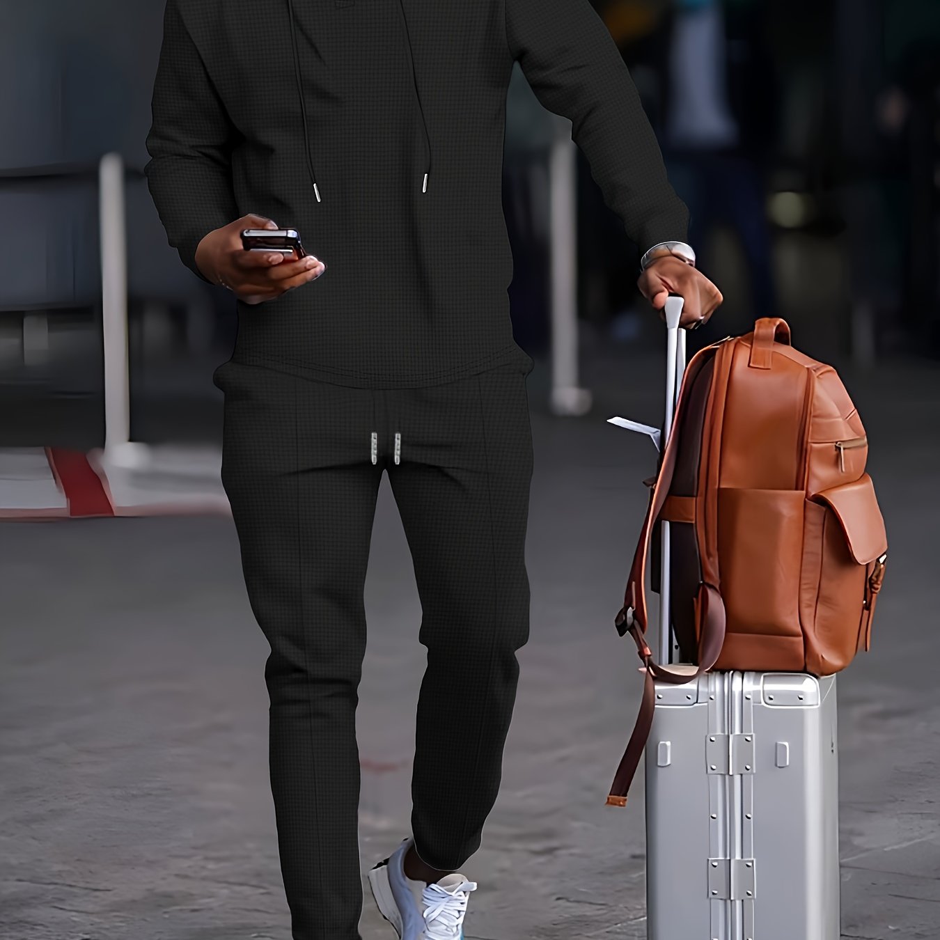 Men's Long Sleeve Hoodie and Pants Set Solid Waffle Knit Casual Autumn