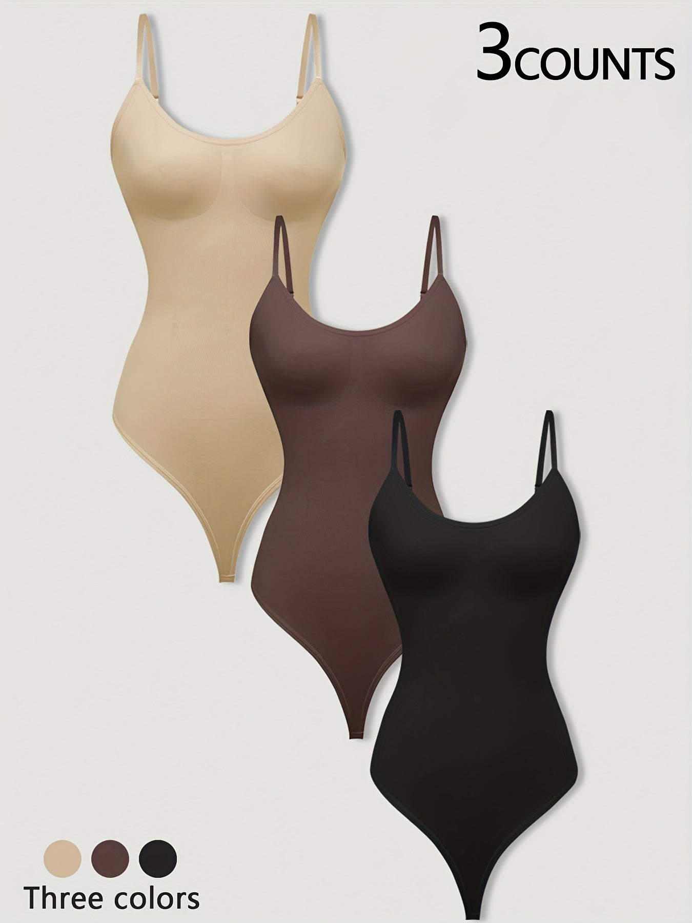Women's Seamless Body Shapers 3-Pack Nylon Spandex Slimming Bodysuits Solid Colors