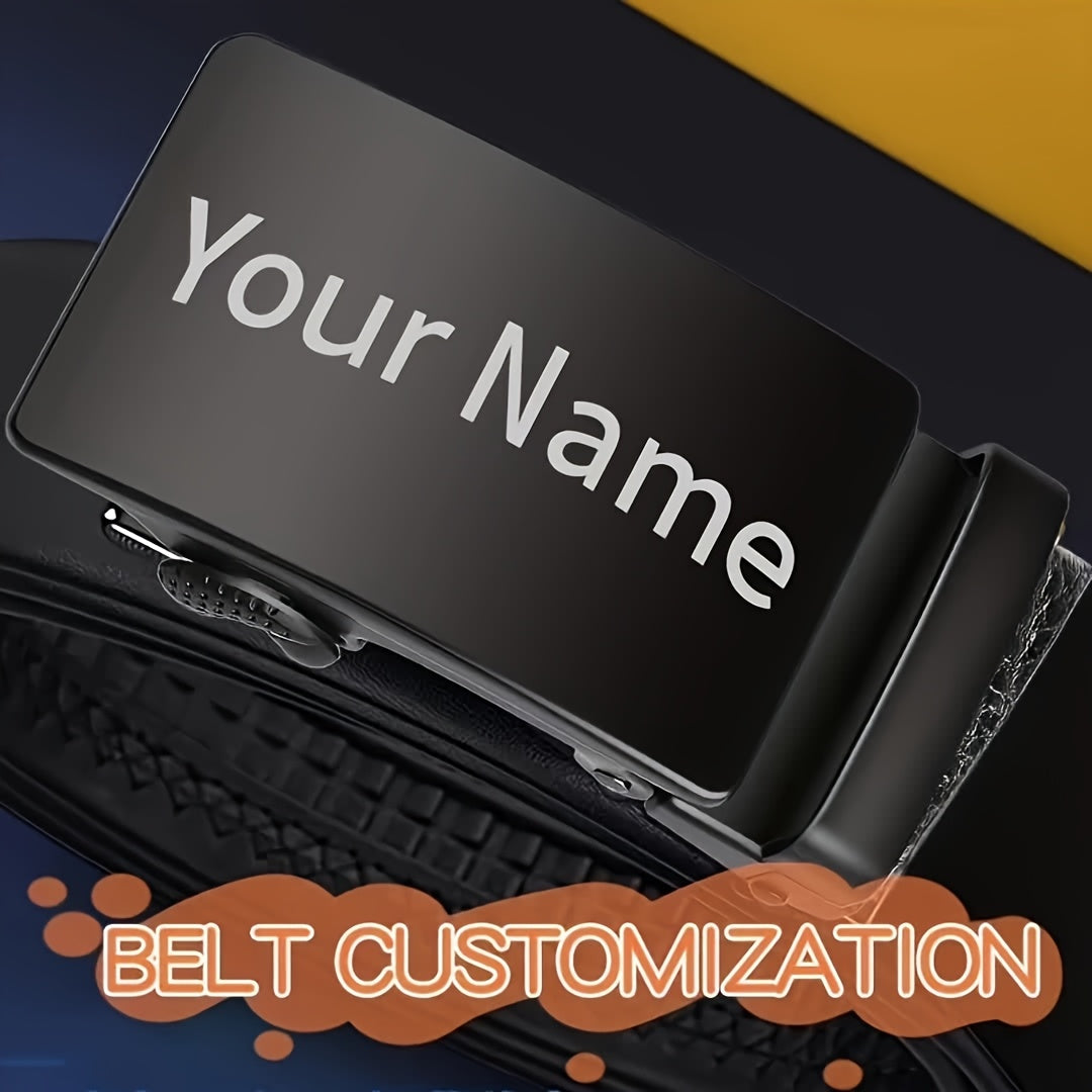 Men's Leather Belt with Customizable Nameplate Stylish Durable Alloy Buckle