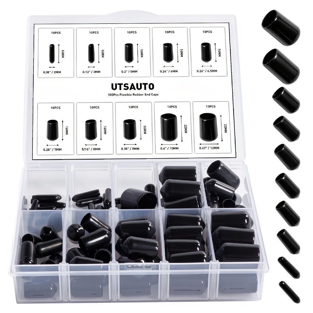 100Pcs Flexible Rubber End Caps Kit for Tubes and Screws in 10 Sizes