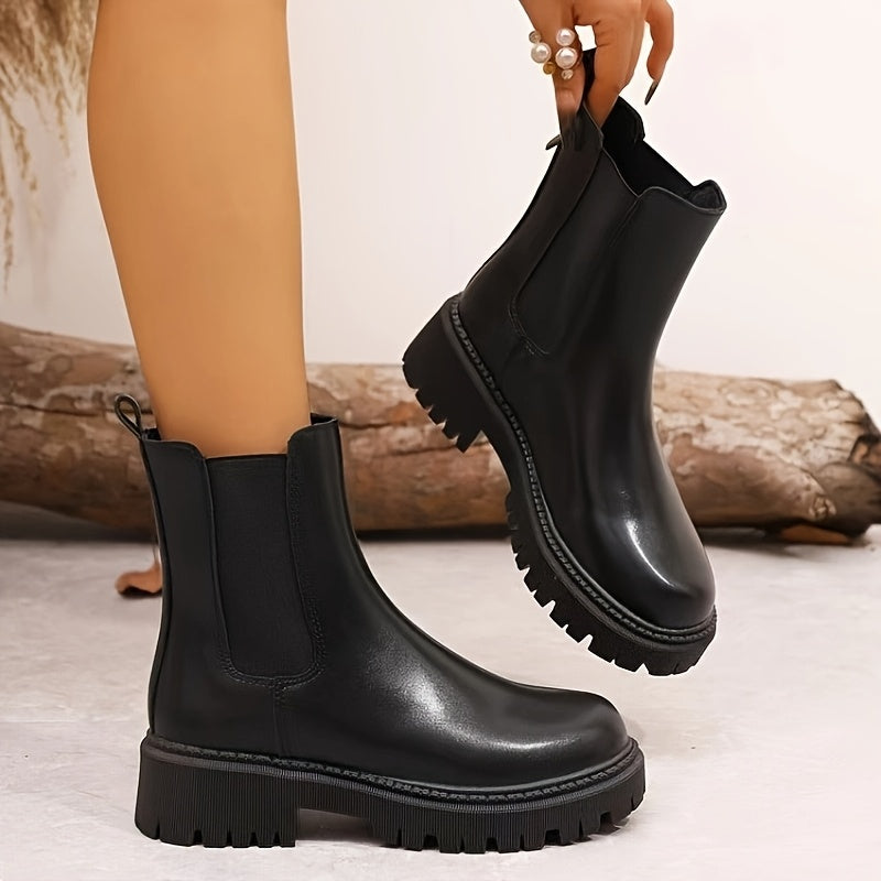 Women's Chunky Platform Ankle Boots Synthetic Slip-On Round Toe Durable Low Heel