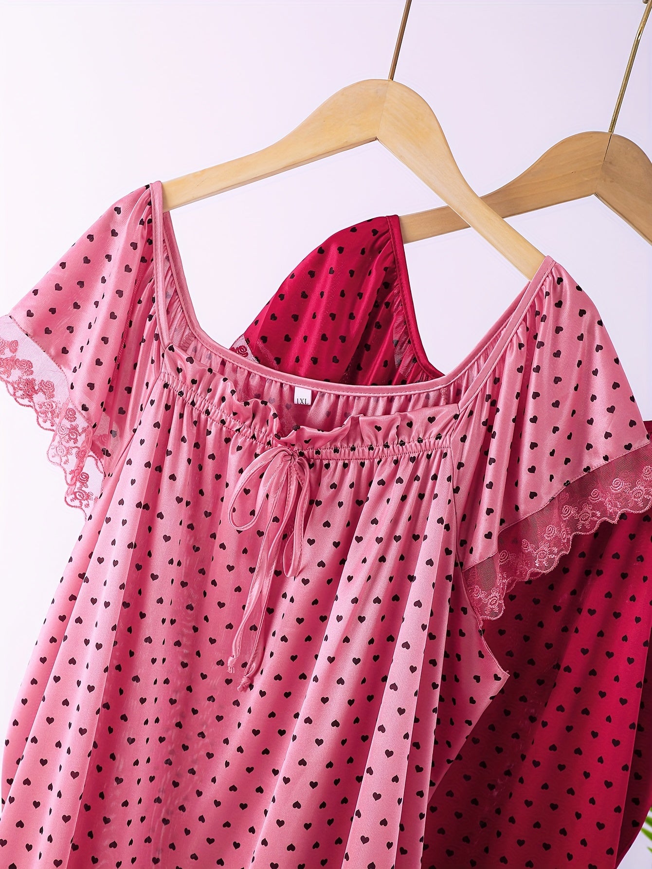 Women's Plus Size Heart Print Lace Sleep Dress Short Sleeve Lounge Wear