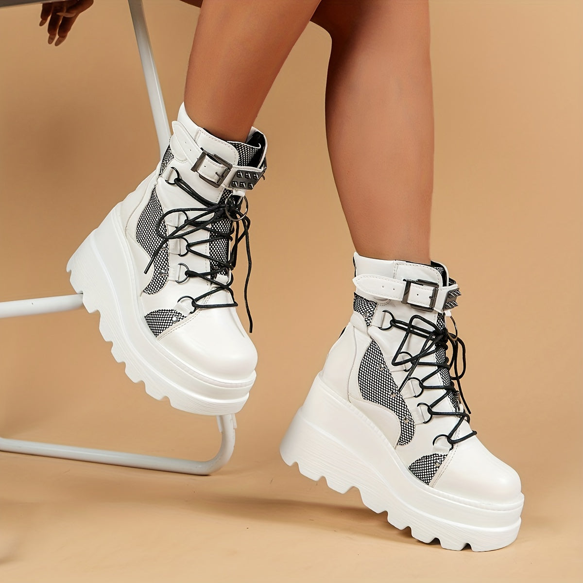 Women's Platform Punk Style Lace Up Boots with Zipper in Solid Color