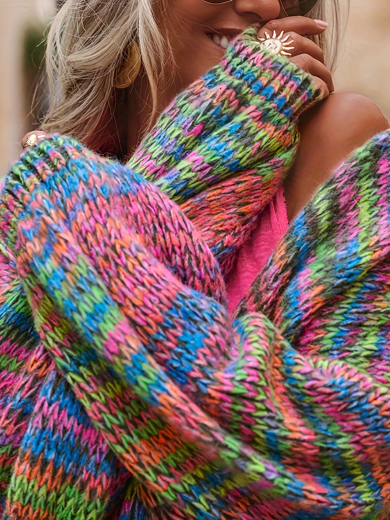 Plus Size Women's Sweater Open Front Colorful Stripes Cozy Fall Winter Pullover