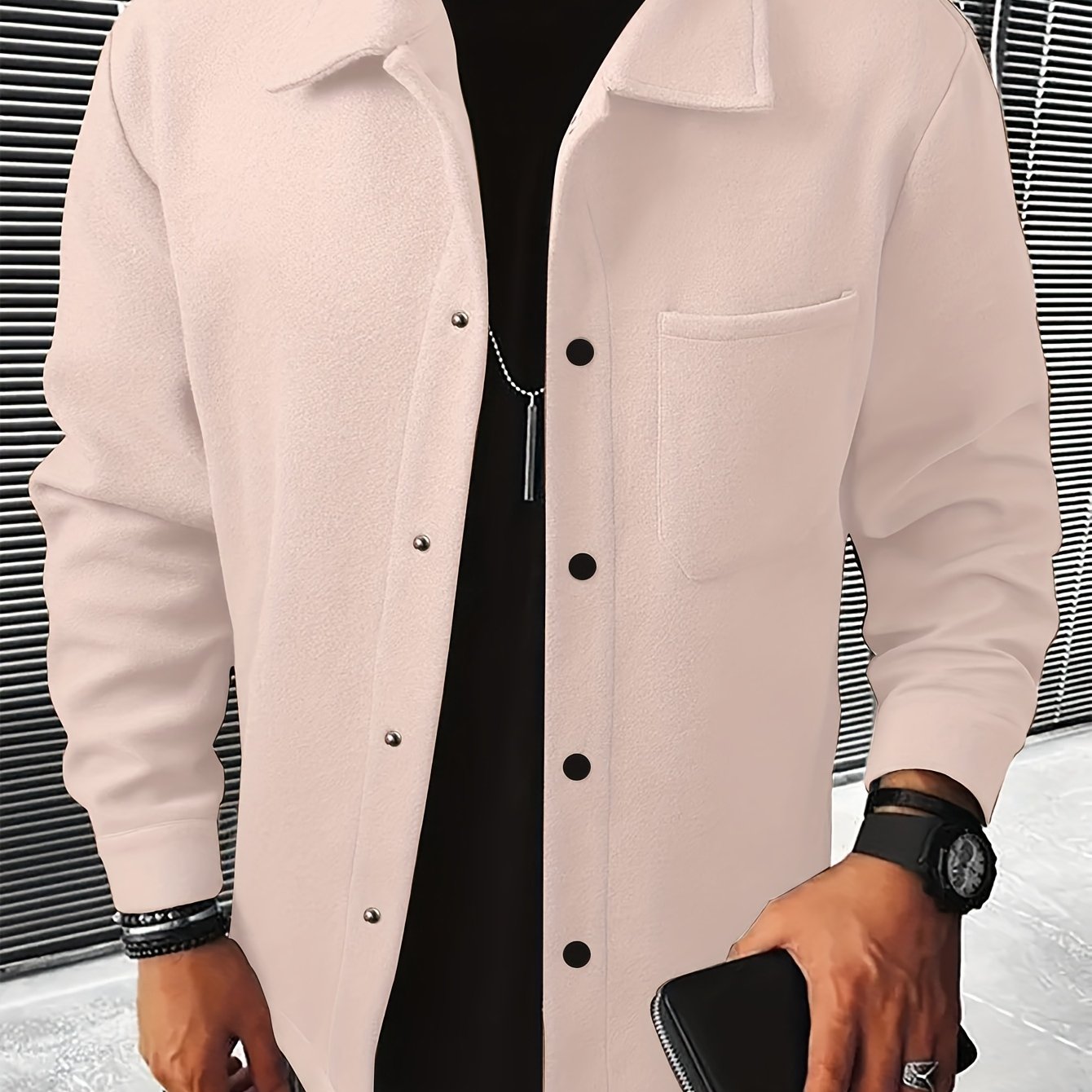 Men's Plus-Size Casual Wool Blend Jacket with Front Pocket and Turn-Down Collar