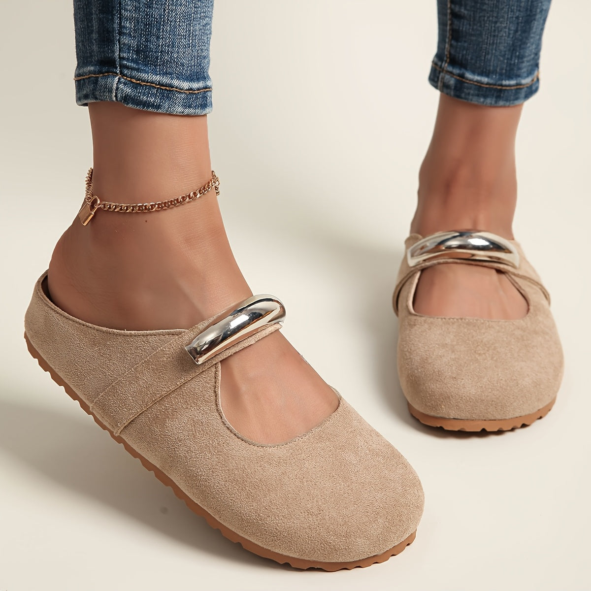 Women's Slip-On Loafers with Metal Buckle Fabric Upper EVA Sole