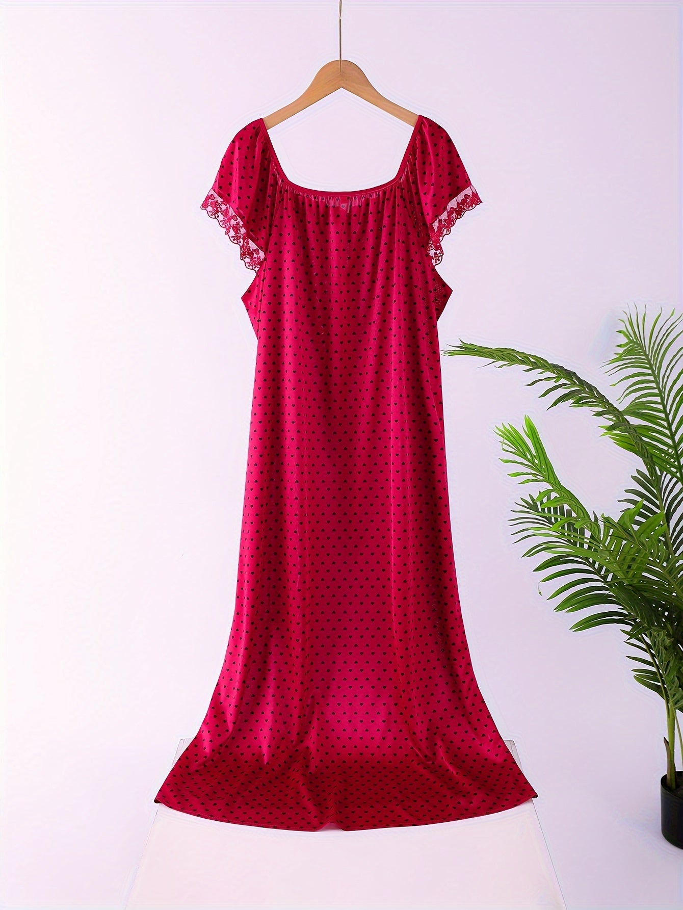 Women's Plus Size Heart Print Lace Sleep Dress Short Sleeve Lounge Wear