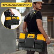 Large Waterproof Heavy Duty Tool Bag with Molded Base Polyester Black Yellow Adjustable Shoulder Strap