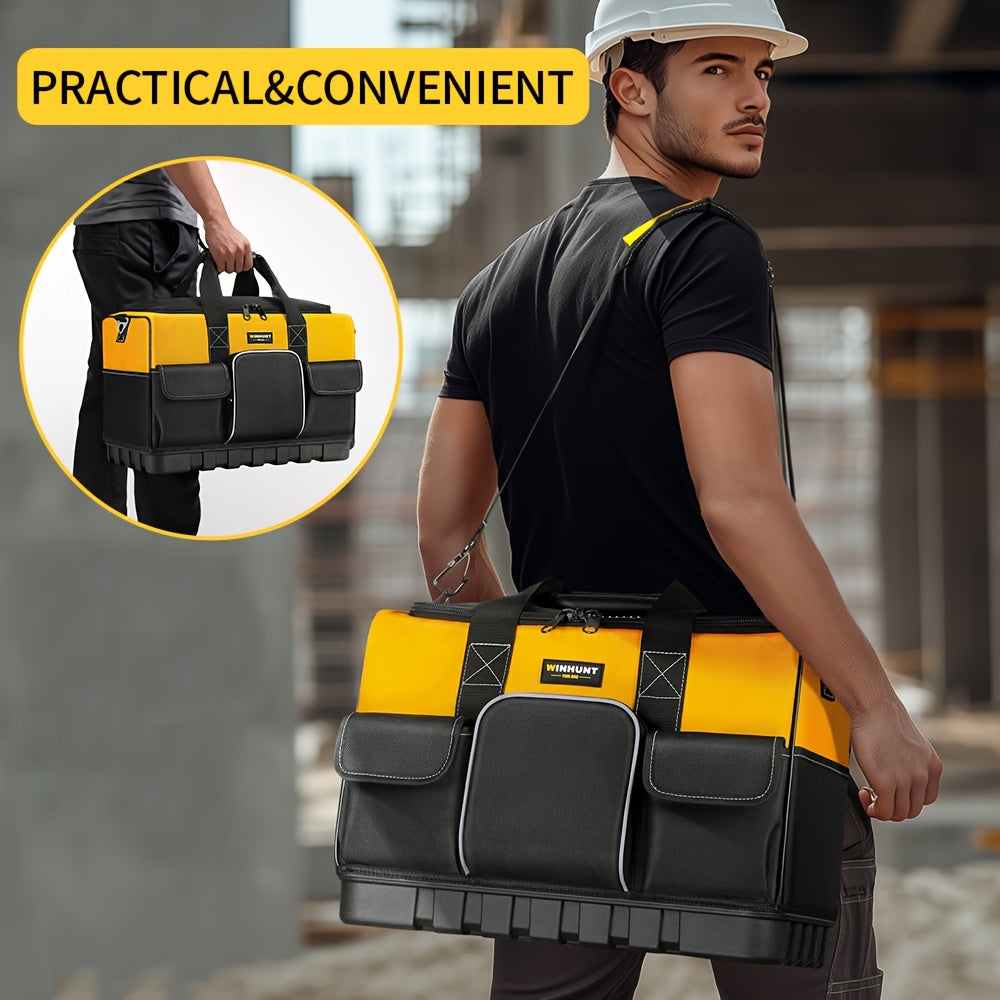 Large Waterproof Heavy Duty Tool Bag with Molded Base Polyester Black Yellow Adjustable Shoulder Strap