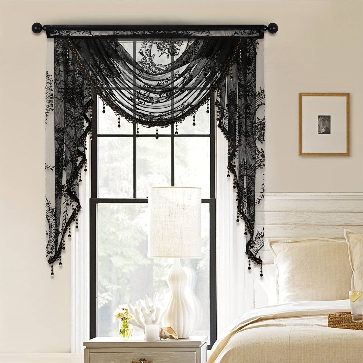 European Style Wave Curtain with Black Lace Valance and Flower Pattern for Living Room Windows