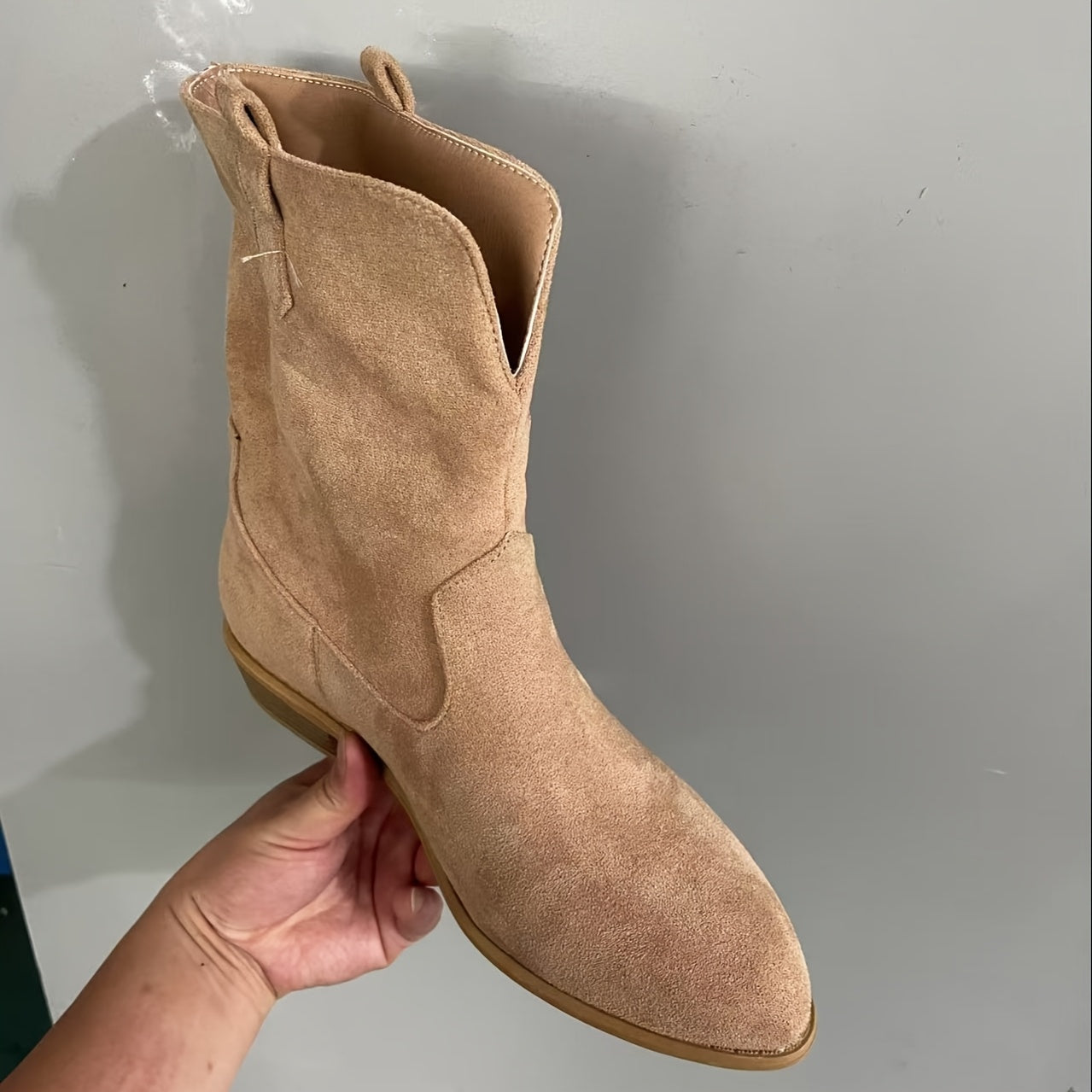 Women's Beige Slip-On Ankle Boots with Pointed Toe and Block Heel