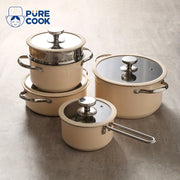 Cooking Pots Set with Glass Lids Stainless Steel Beige and White Compatible with Gas Stove