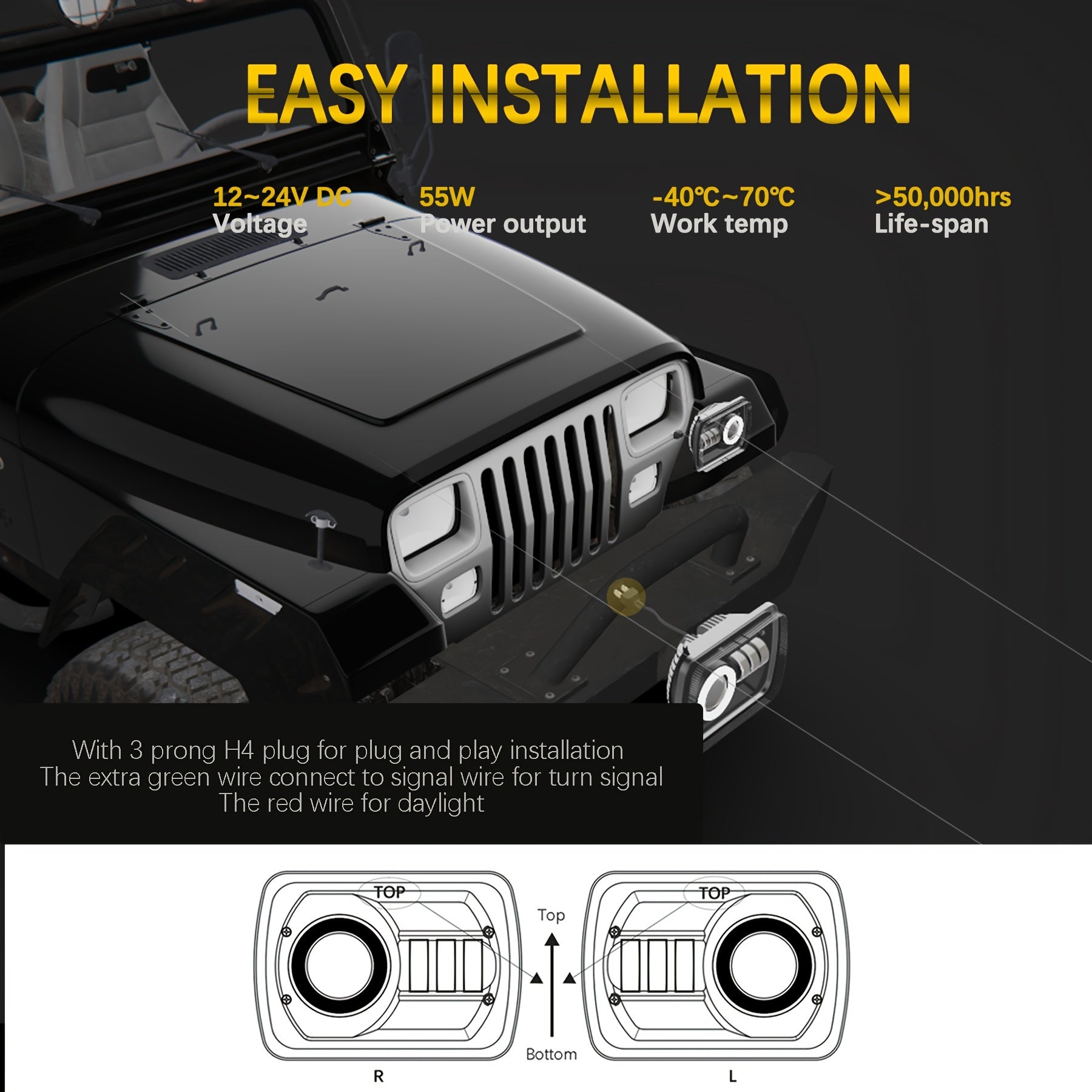 Universal LED Headlights 5x7 with Blue Halo and Amber Turn Signal