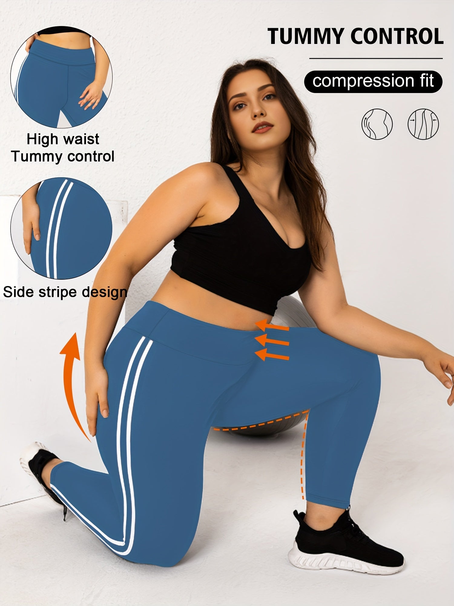 Plus Size High Waist Skinny Leggings Polyester Knit Solid Color Side Stripes All-Season Yoga Pants