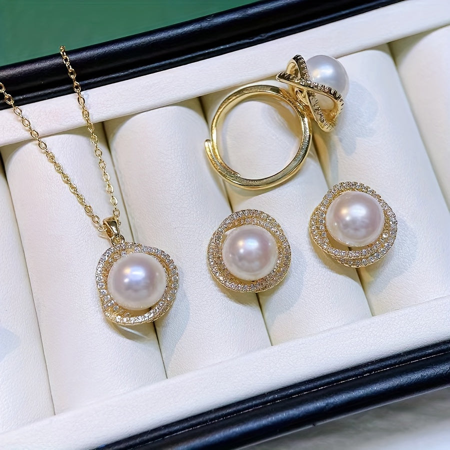 Birds Nest Jewelry Set with Freshwater Pearls Gold-Plated Necklace Ring Earrings for Women
