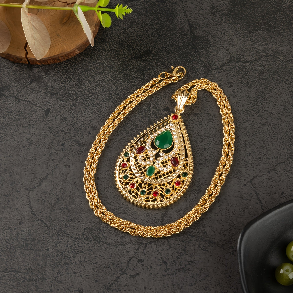 Moroccan Bridal Necklace with Gold-Tone Water Drop Pendant and Floral Engraving 60cm Chain