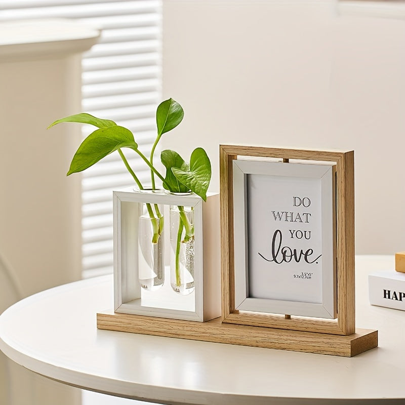 Hydroponic Plant Photo Frame with Glass Vase Wooden Desktop Decor for Living Room Study or TV Cabinet