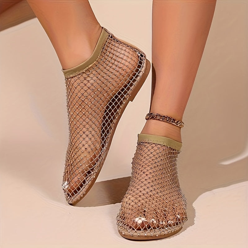 Women's Mesh Rhinestone Flat Sandals with Elastic Band and Cut-Out Design