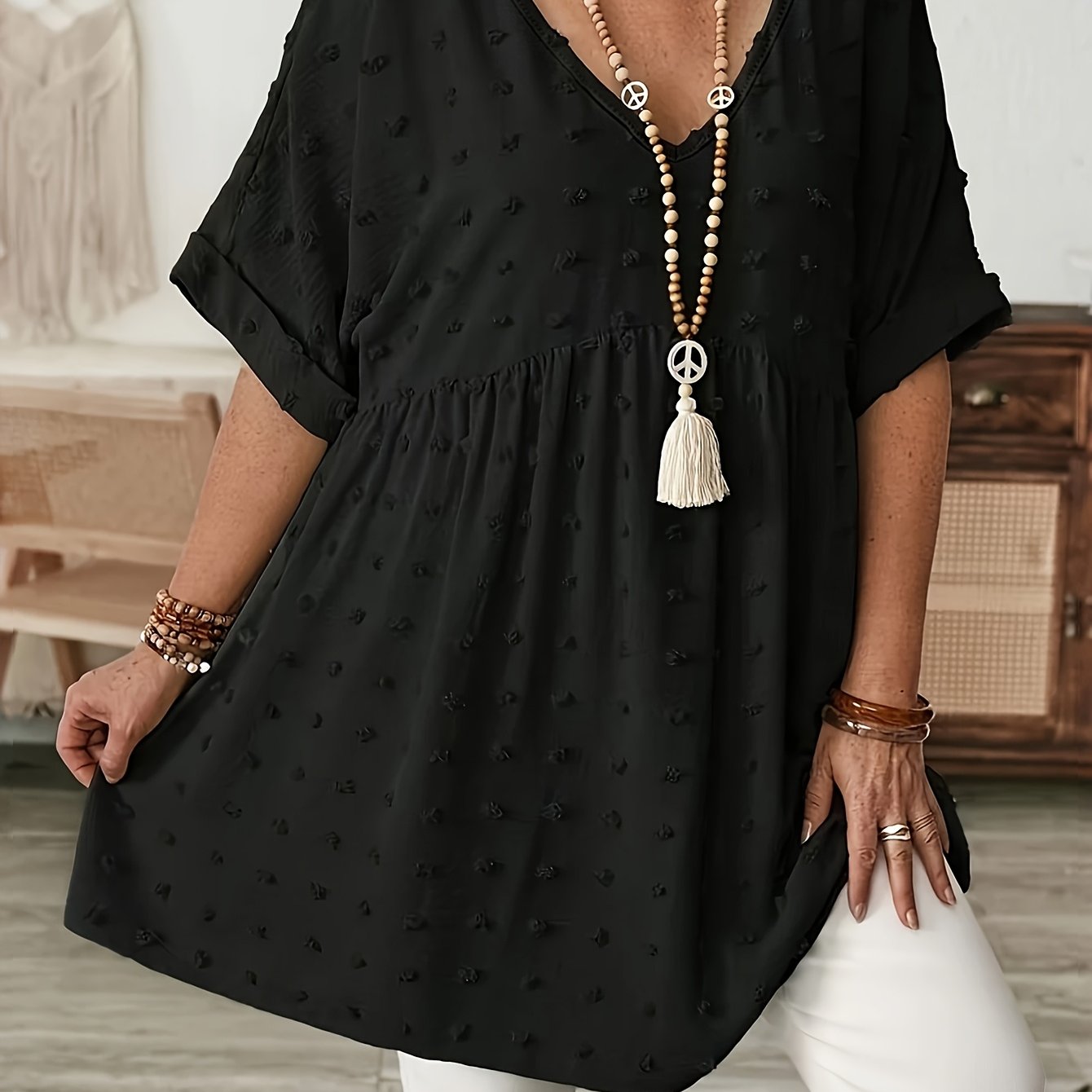 Women's Plus Size V-Neck Batwing Sleeve Blouse Stretchy Polyester Black White Dot