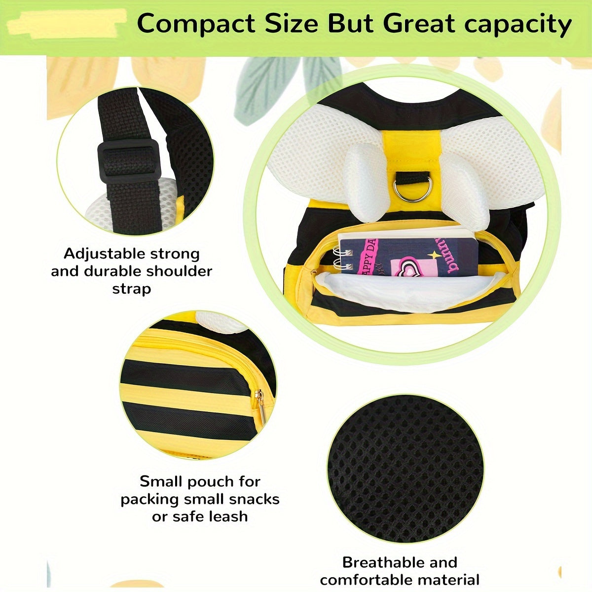 Child Safety Harness and Leash Set with Bee Design and Storage Pocket