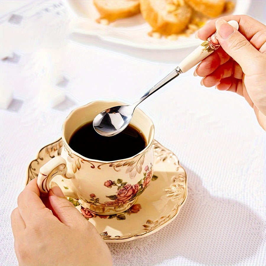 Set of 6 Floral Ceramic Handle Coffee Spoons with Stainless Steel, Stirring and Scooping