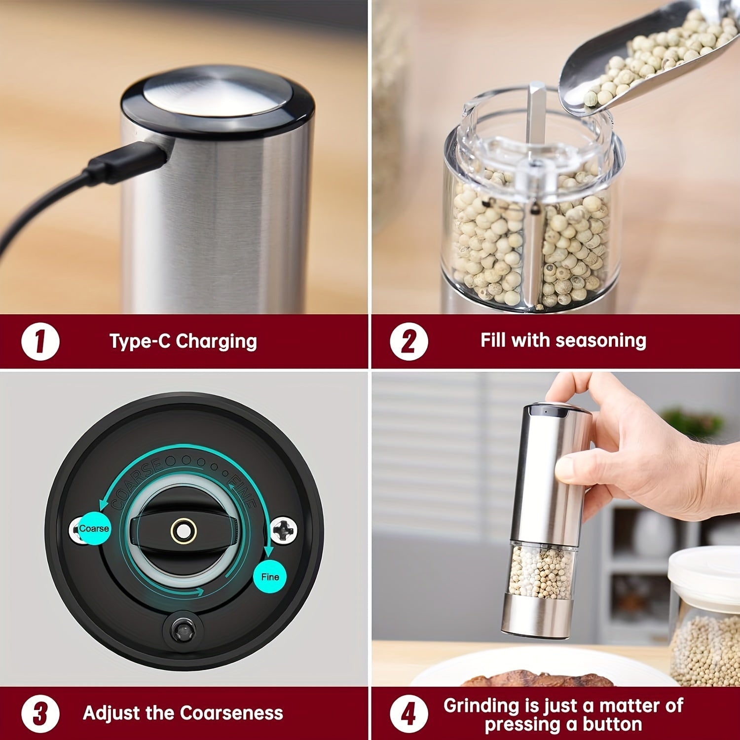 Electric salt and pepper grinder set stainless steel