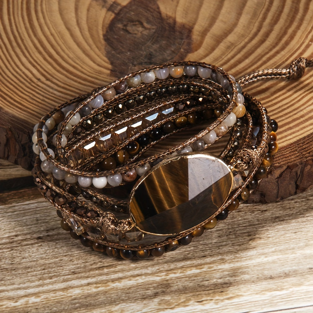 Pulsera ajustable bohemia de vacaciones con cuentas de piedra natural, hematita de vidrio, 5 hilos, corazón naranja, conexión gris