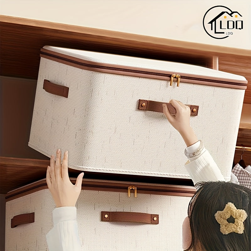 Foldable Linen Zipper Storage Box with Lid for Clothes and Home Organization