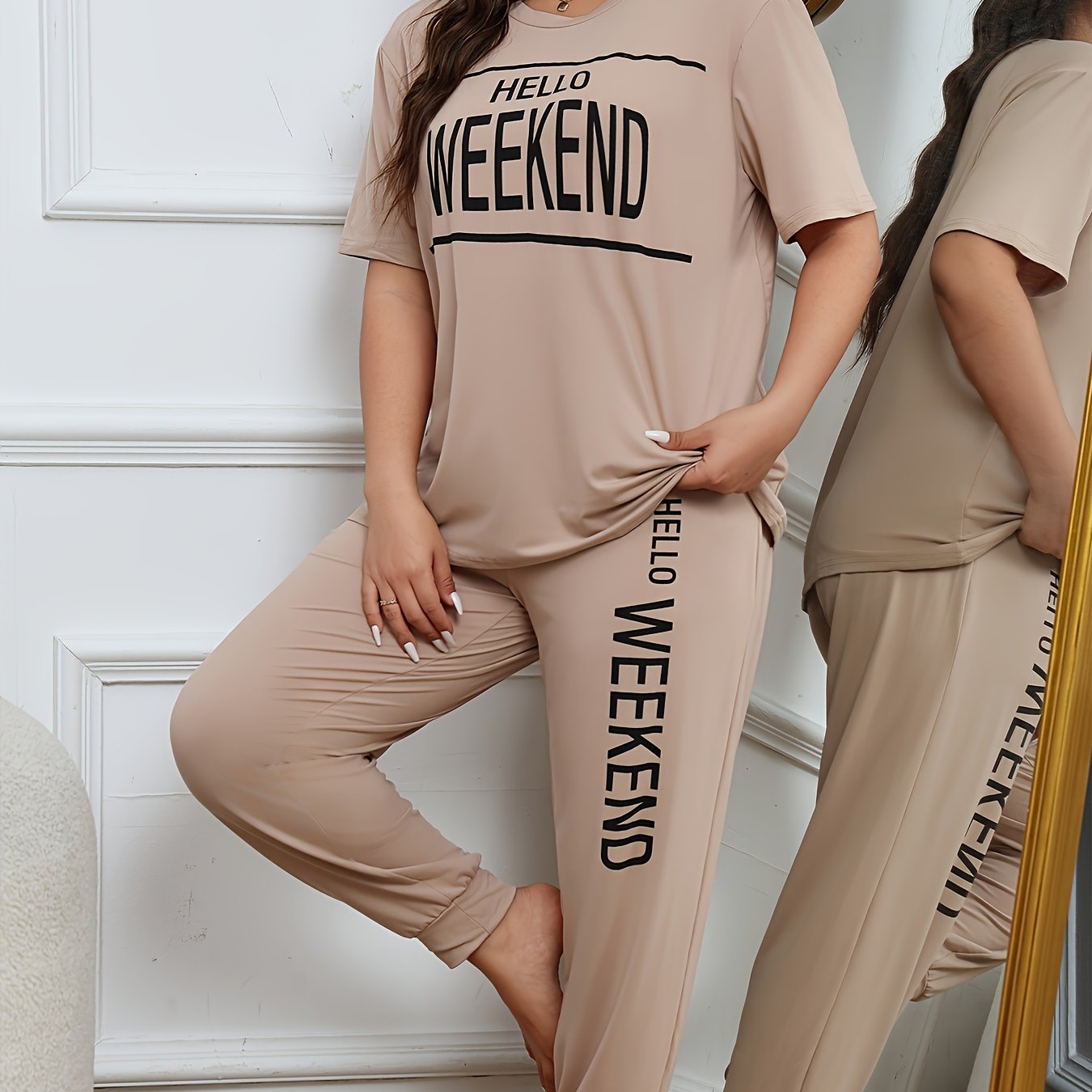 Plus Size Women's Lounge Set Beige Short Sleeve Top and Pants All-Season