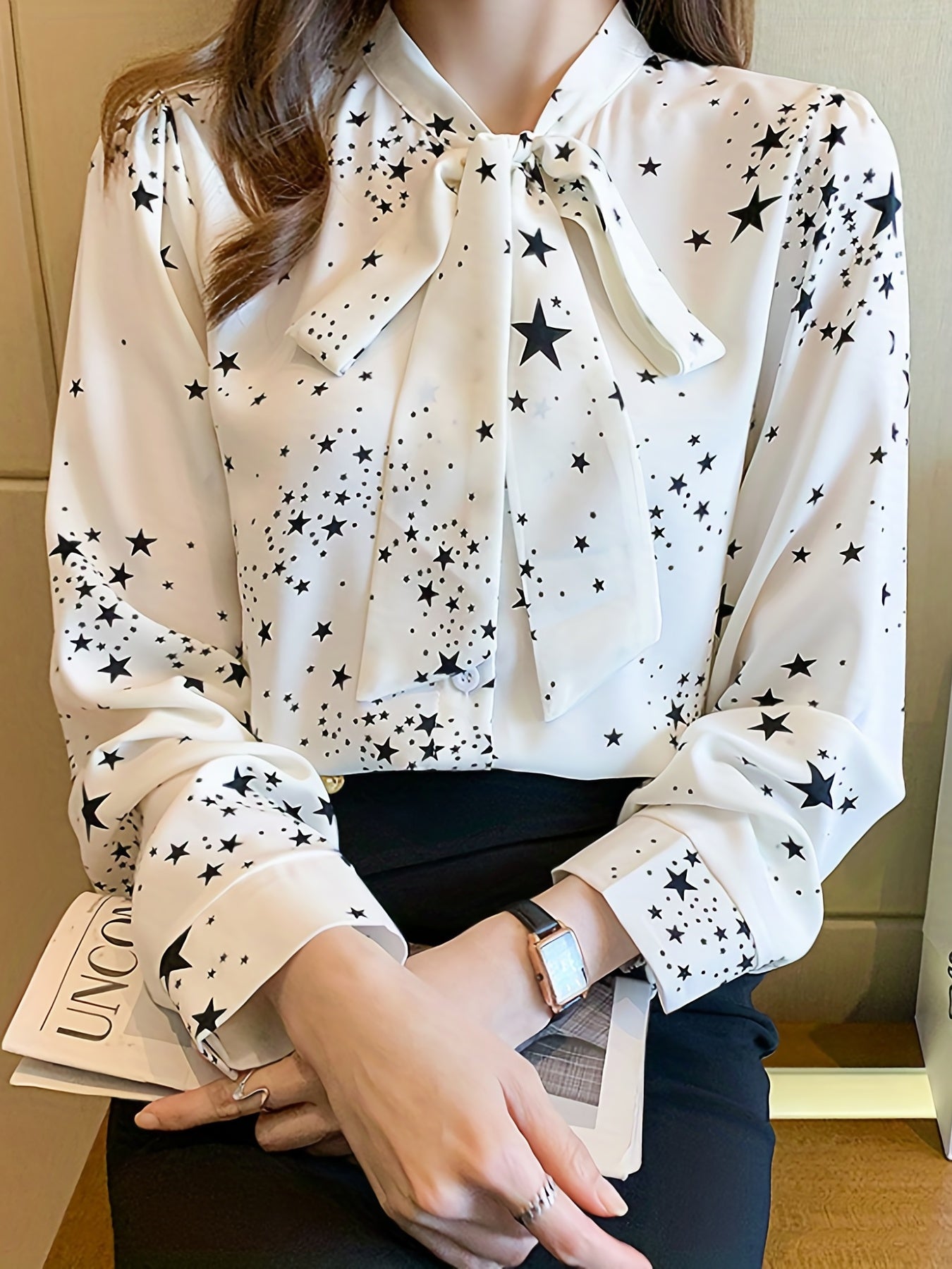 Women's Long Sleeve Blouse with Bow Tie Detail Polyester Spring Fall Elegant