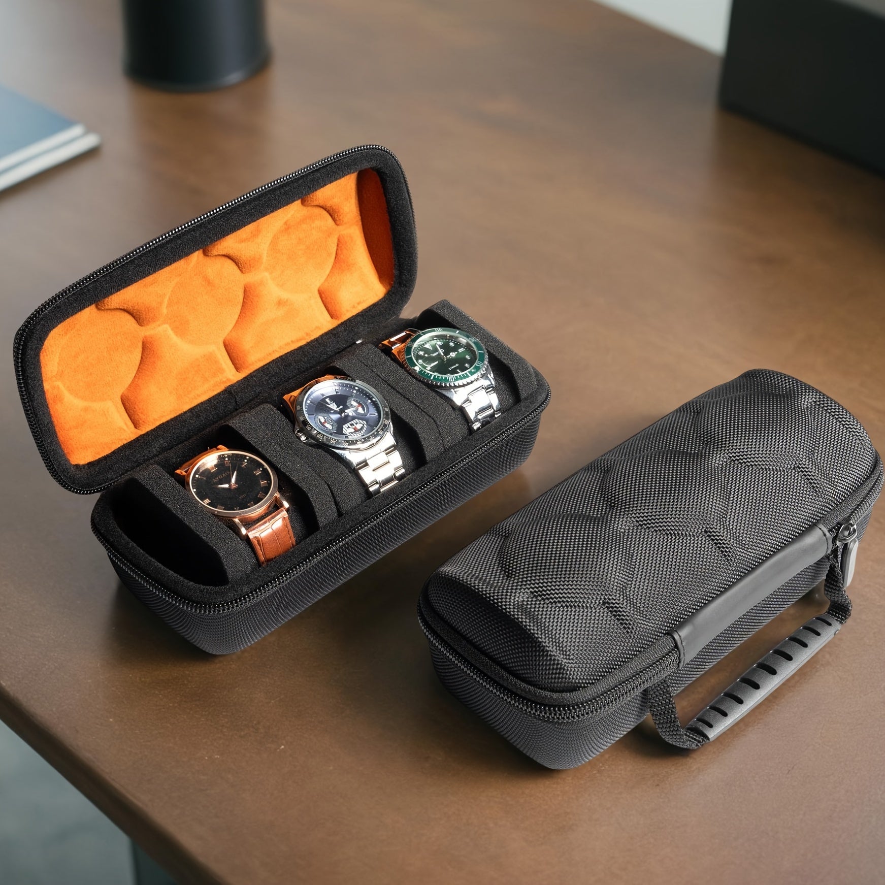 Black Watch Travel Case with 3 Slots, Watch Roll Organizer for Men Women