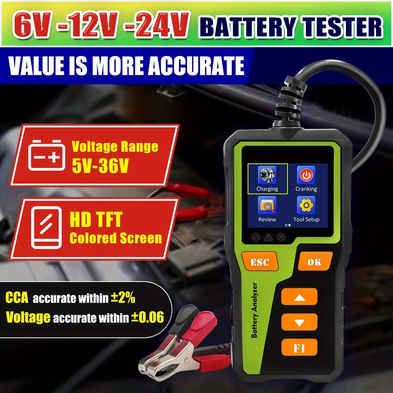12V 24V Avtomobil batareyasi testlovchi analizator, avtomobil batareyasi tizimini tekshirish uchun SOC SOH ichki qarshilik bilan