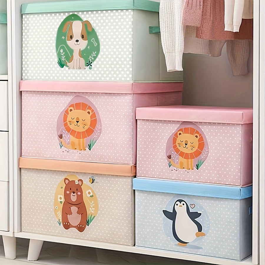 Large Capacity Fabric Storage Box with Lid Cartoon Bear Dog Dustproof Organizer for Clothes Quilts