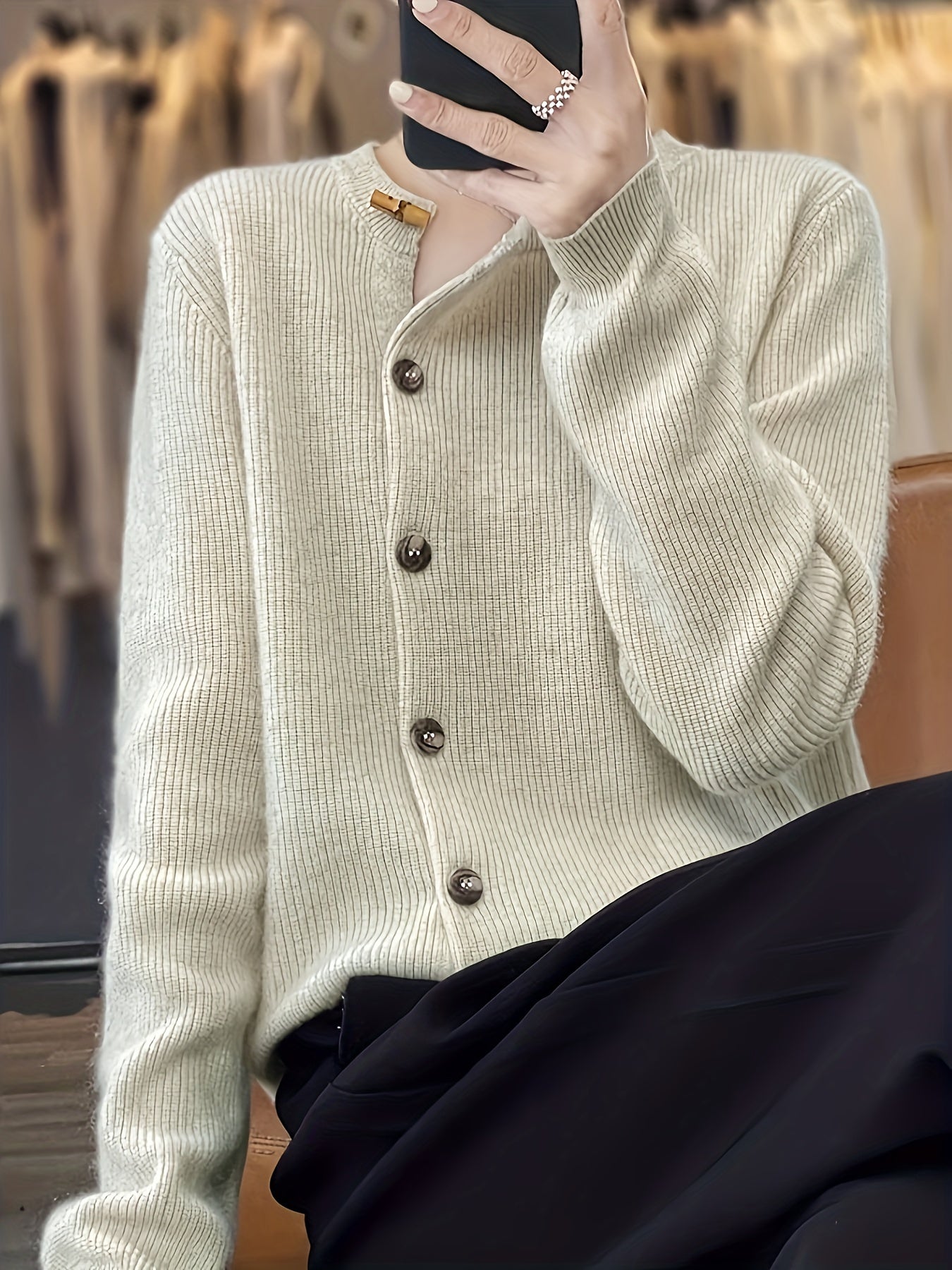 Plus Size Knit Cardigan for Women with Button Detail Crew Neck Fall Winter Stretch Fabric