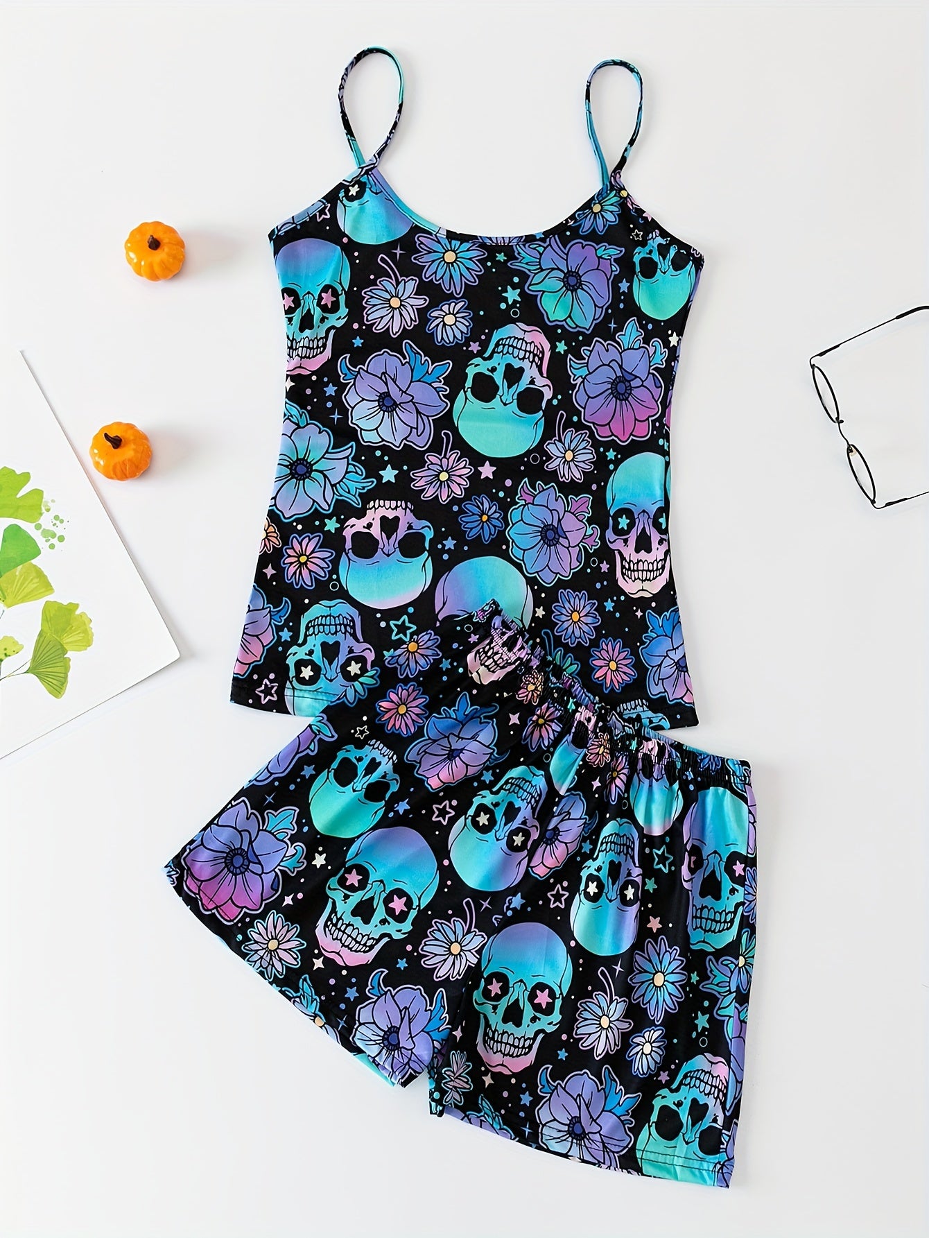 Women's Gothic Sleepwear Pajama Set with Skull and Floral Print Backless Cami Top and Elastic Shorts