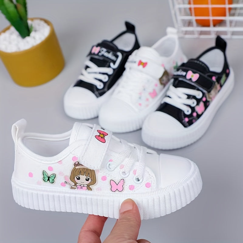 Girls' Canvas Sneakers Pink Black Butterfly Girl Low Top Breathable Casual Shoes