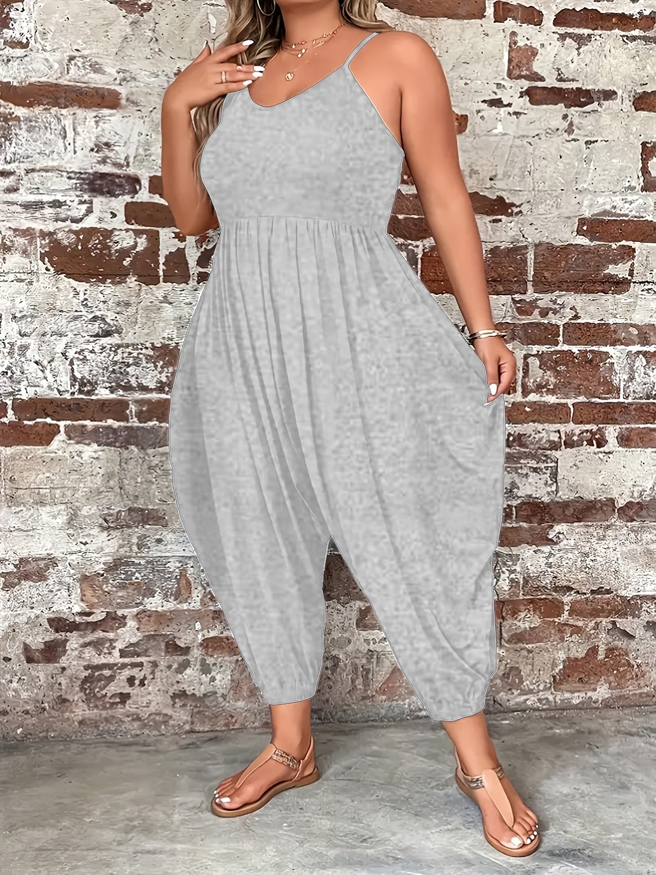 Plus Size Women's Sleeveless Romper Solid Color Loose-Fit Casual Clothing