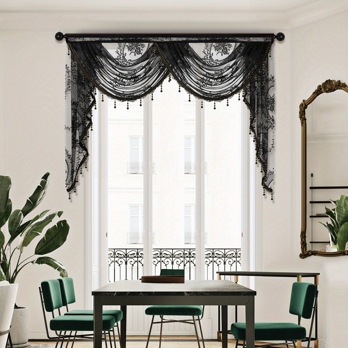 European Style Wave Curtain with Black Lace Valance and Flower Pattern for Living Room Windows