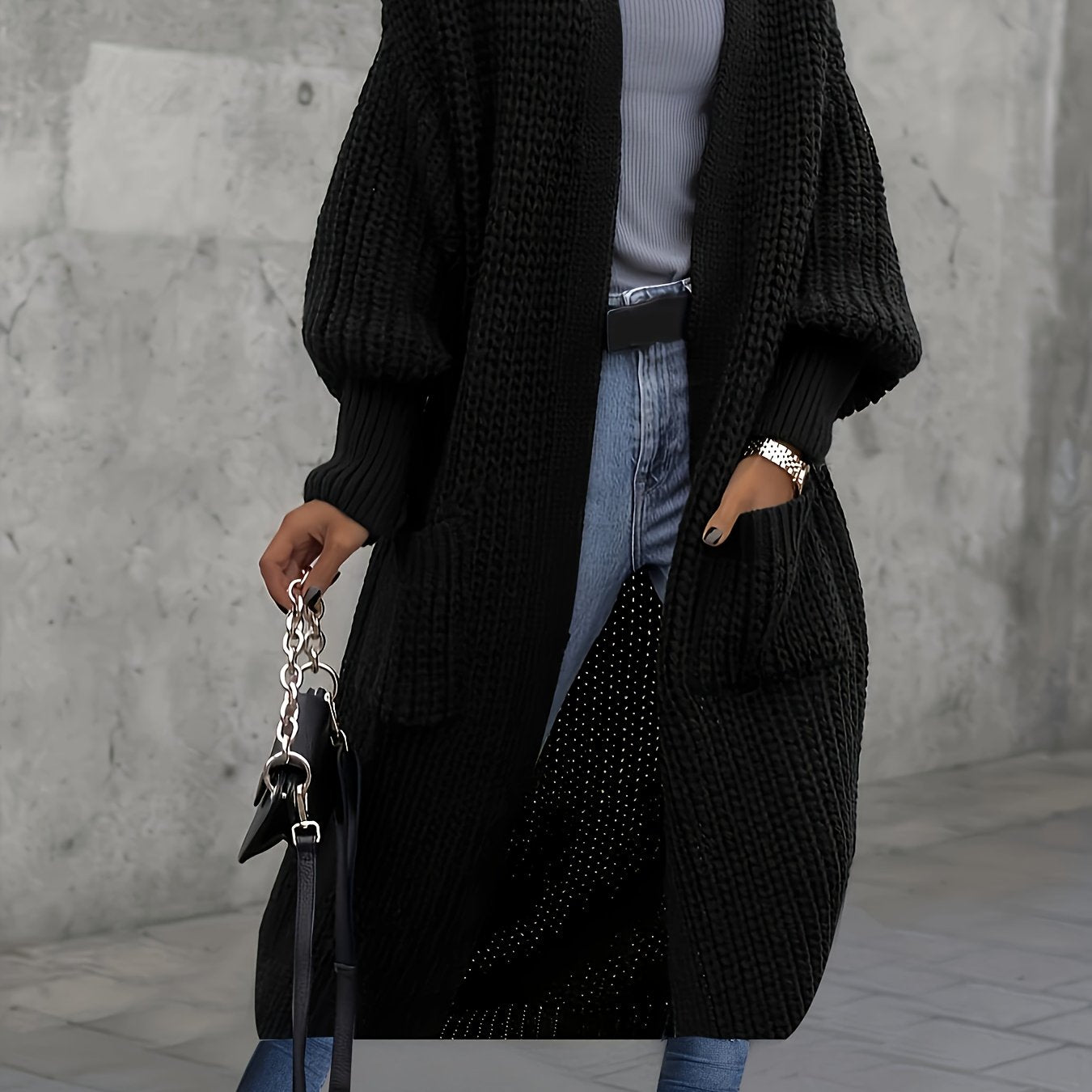 Plus Size Women's Rib Knit Open Front Longline Cardigan Gray