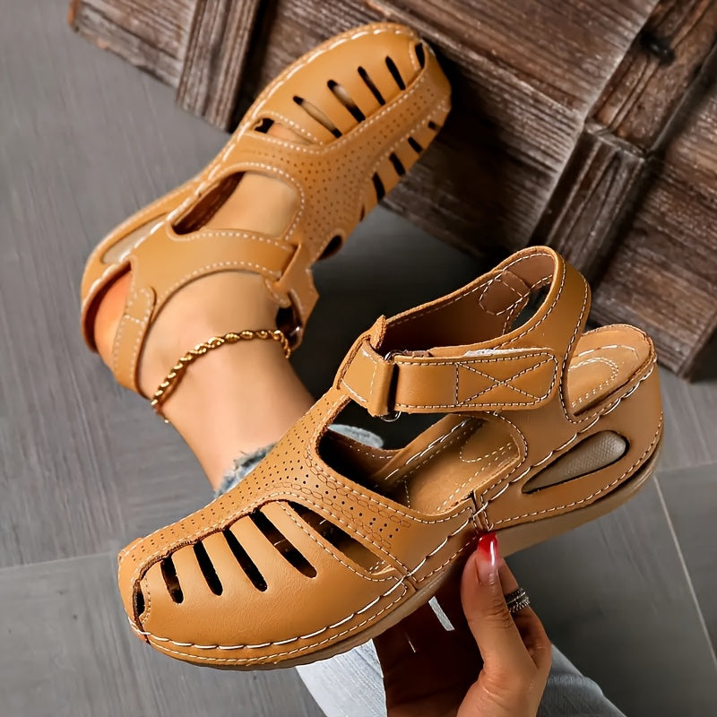 Women's Solid Color Faux Leather Sandals with Cut-Out Design and Cushioned Sole