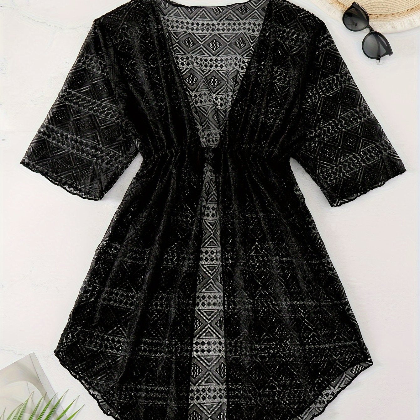 Ayollar uchun plussiz sexy geo naqshli qoplama, cho'milishga mo'ljallangan, tortishqichli bel va yarmi qo'lqoplar bilan.