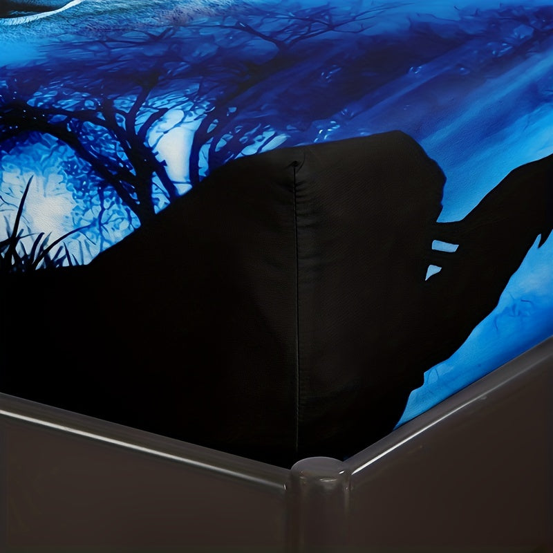 Fitted Sheet Set with Dark Wolf Forest Animal Pattern 3 Pieces Soft Cozy Bedding