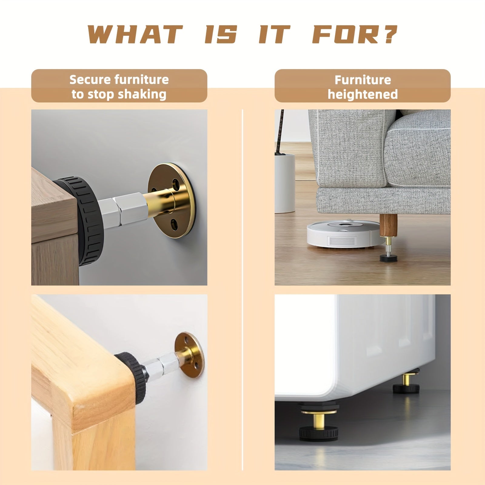 To'siqni oldini olish uchun to'rtta sozlanadigan asboblar to'plami - to'siq to'siqlari va yotoq, shkaflar va divanlar uchun tuzatgichlarni o'z ichiga oladi. Mustahkam plastik va metall konstruktsiyadan tayyorlangan.