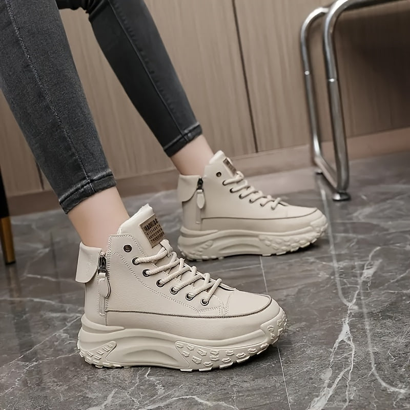 Women's Solid Color Plush Lined Lace Up Short Ankle Boots for Winter