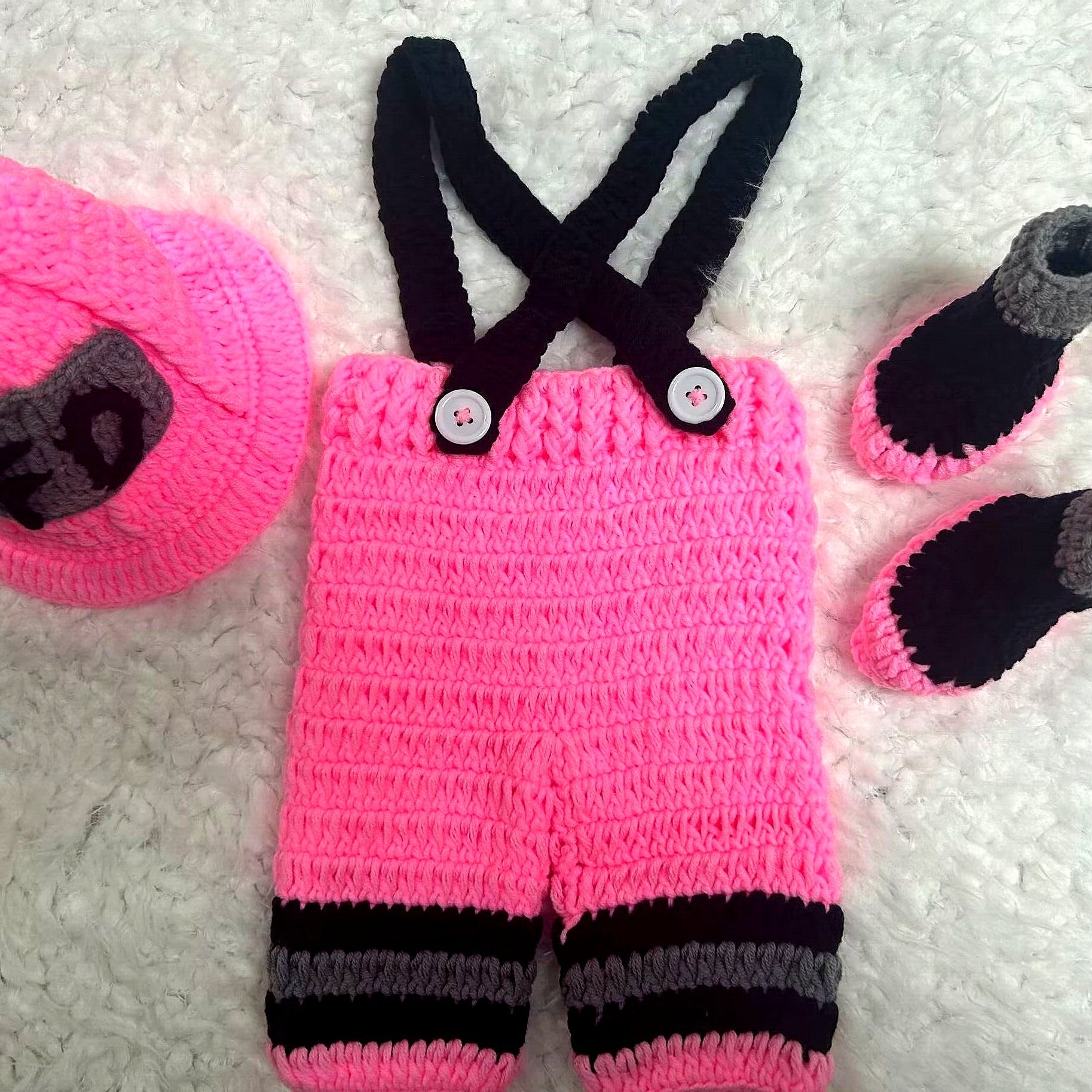 Set of 3 Firefighter-Inspired Newborn Baby Photography Props Crochet Hat Overalls Boots