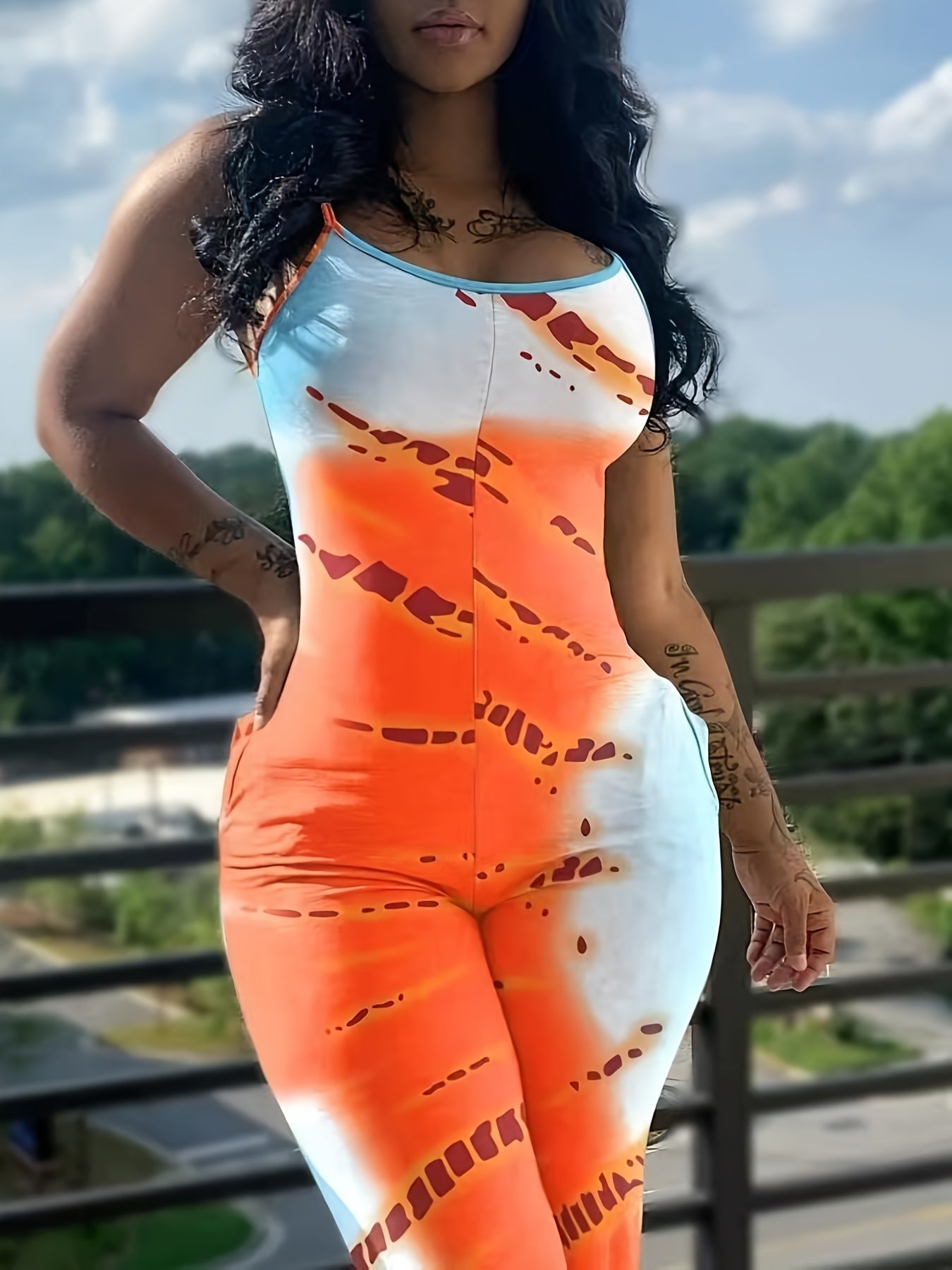 Plus Size Womens Sleeveless Jumpsuit with Pockets and Stripes